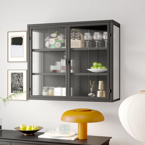 Retro Welle Glastür Wandschrank mit abnehmbaren Regalen, passend für Büros, Esszimmer, Wohnzimmer, Küchen und Badezimmer (C-Schwarz)