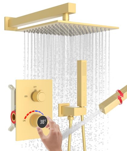 Système de douche à affichage de la température, pommeau de douche mural de 25,4 cm avec robinet de douche 2 en 1, or brossé