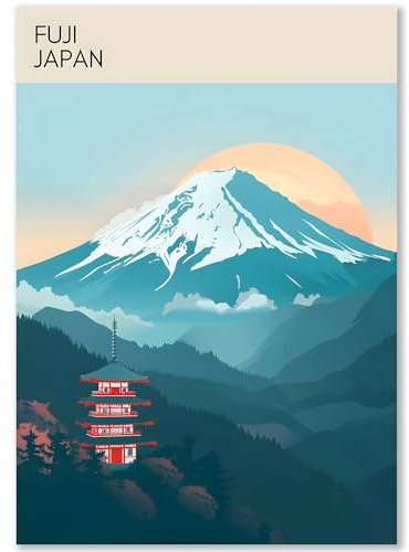 Happymotive Städteposter | Fuji Japan Retro Poster Vintage | Schlafzimmer Deko Bild im Hochformat | Bilder Wohnzimmer | Kunstdrucke in A2 40x60, A3 30x40, A4 20x30 300g Papier ohne Rahmen