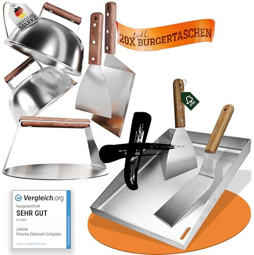 LIKAYA® Piastra per barbecue Plancha in acciaio inox + set di smasher per hamburger, 4 spatole per barbecue e hamburger Smasher con manico in legno di acacia FSC®, perfetto per smash hamburger sulla