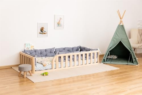 Mandrele - Montessori Bodenbett mit Lattenrost und Rausfallschutz, Kinderbett aus Kiefernholz für Jungen und Mädchen, 140x200 cm, Natur