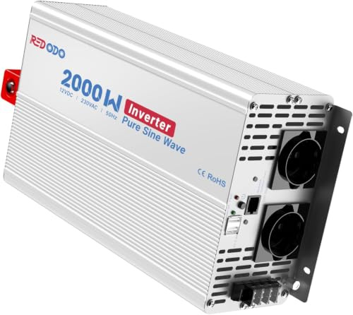 Redodo 2000W Reiner Sinus Wechselrichter, 12V auf 220-240V Spannungswandler | 4000W Spitzenleistung, Kabelgebundene Fernbedienung, 2 AC-Steckdosen, 5V 2,4A USB für Haushaltsgeräten