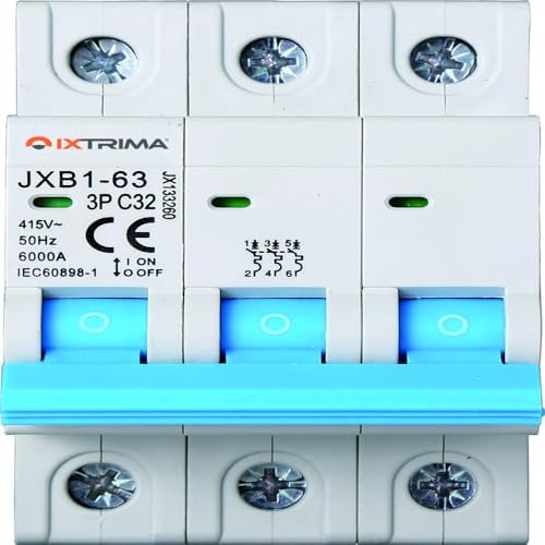 Ixtrima Interruttore Magnetotermico tripolare, 3 Poli, 380V, 6KA, Ampere 6A 10A 16A 20A 25A 32A 40A 50A 63A (C32-32A)