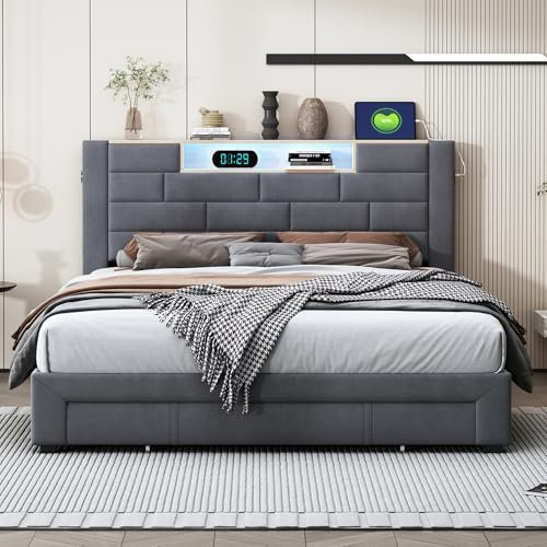 BRYXR 160x200cm Samtge Polsterbett,Doppelbett mit 3 Schubladen und LED-Beleuchtung,Funktionales Stauraumbett mit bequemem Kopfteil, stabilen Lattenrosten für perfekten Schlafkomfort