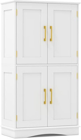 COSTWAY Bathroom Floor Cabinet, 110cm Freestanding Storage Cupboard with 4 Doors and 2 Adjustable Shelves, Wooden Bathroom Unit Side Cabinet Sideboard for Living Room Hallway Kitchen (White)