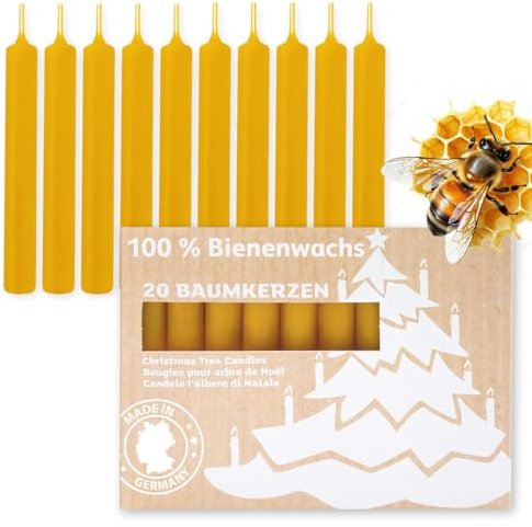 20 Stück Baumkerzen 100% Bienenwachs, Weihnachtsbaumkerzen, Christbaumkerzen, Pyramidenkerzen 10,5 cm lang, Naturwachskerzen für Christbaum & Weihnachtsbaum, Bienwachskerzen Made in Germany