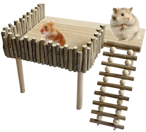 Behogan 20×10×7cm Hamsterplattform aus Holz: Hamsteretage mit Leiterbrücke, Kletterplattform Hamster, Kletterzubehör Kleiner, Kletterleiter Holz, Hamster Spielplatz,für Kleintierkäfig
