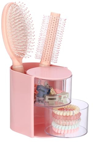 OLegei 2-Layer Hair Accessories Organizer with Hair Brushes Holder, Pink | Rotatable Trinket Box for Ring, Earring, Desktop&Bathroom Organizer Deawer for Makeup Brushes, Hair Accessories, Cotton Swab