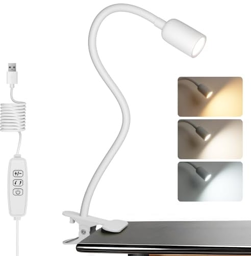 EXTRASTAR Lampe de Bureau à Pince, Flexible à 360° Lampe LED, Lampe de Chevet en 3 Modes d’Éclairage, 4 Niveaux de Luminosité Led USB pour chambre à coucher, bureau,Blanc