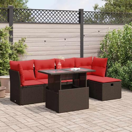 Frdhee Außenstuhl Outdoor Sessel,6-TLG. Garten-Sofagarnitur mit Kissen Braun Poly Rattan Akazie,Gartenstuhl für Terrasse,Hinterhof