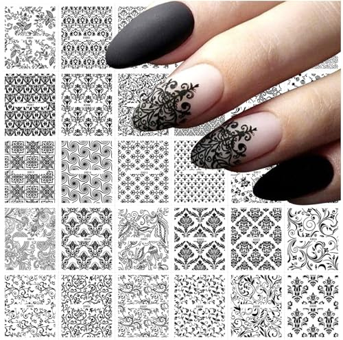 Floruvia 30 Sheets Black Lace Nail Stickers, Floral Nail Art 3D Self-Adhesive Nail Stickers, Black Hollow Retro Floral Vine Nail Art Designs