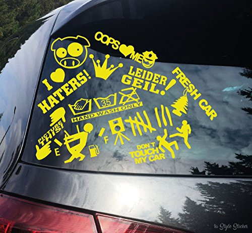 Aufkleber Set für Auto Motorrad Quad 11 Tuningsticker Decal Haters, LEIDER GEIL, BLITZER, Hand WASH ONLY Aufklebr Tuning Sticker Autoscene Dapper Low deep