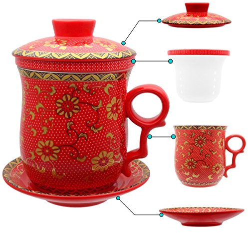 Tasse en porcelaine avec couvercle et soucoupe Hollihi - Infuseur de thé chinois en porcelaine Jingdezhen pour thé en vrac ou café - Pour la maison ou le bureau