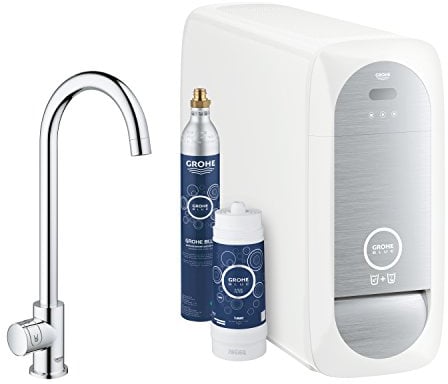 GROHE Blue Home Mono- Starter Kit (Mono Armatur mit Filterfunktion, 3 gefilterte und gekühlte Wasserarten, Filterkopf mit flexibler Wasserhärteeinstellung), chrom, 31498001