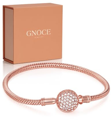 Gnoce Sterling Silber Basic Charm Armband Zierlicher Armreif mit Kristallrand Verschluss Armbänder Damen DIY Schlangenkette 18K Rosegold plattiert Liebenswerte Geschenke für Sie