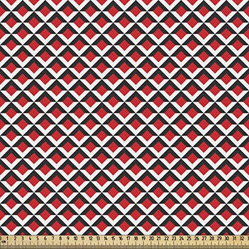 ABAKUHAUS Geométrico Tela por Metro, Vibrante rejilla del azulejo, Decorativa para Tapicería y Textiles del Hogar, 3M (148x300cm), Bermellón Negro Blanco