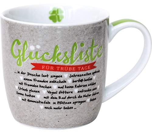 Happy Life 45733 Cappuccino-Tasse Glücksliste, Porzellan, 40 cl, mit Geschenk-Banderole, Mehrfarbig