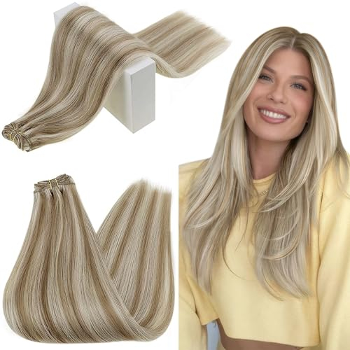 RUNATURE Echthaar Tressen Zum Einnähen Blond Highlights 55cm Tressen Echthaar Lang Menschliches Haar 100g Echthaar Tressen Extensions Aschbraun mit Platinblond 100g #8P60