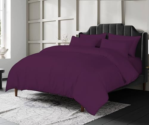 Crescent Collection Luxury 100% Cotton Plain Duvet Cover With Pillow Case Quilt Cover Bedding Set (Plum, Super King)