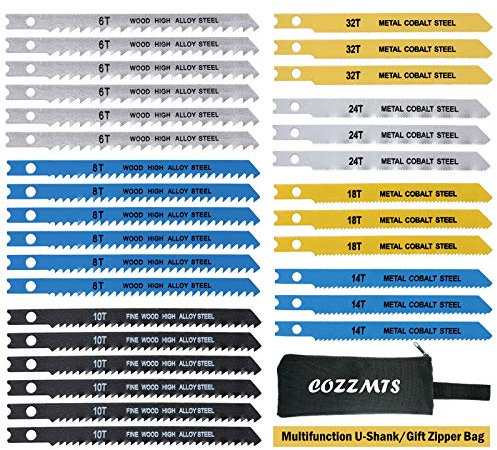 30PCS U-Shank Jig Saw Blade Set for Wood Plastic Metal Cutting Compatible with Bosch SKIL Black and Decker Jigsaw Blades U Shank Includes 6T 8T 10T 14T 18T 24T 32T with 420D Zipper Bag