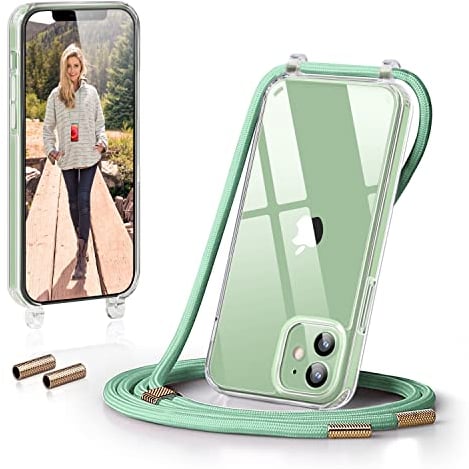 GOODVISH Handykette kompatibel mit iPhone 12 und iPhone 12 Pro 6,1 Display,Necklace Hülle mit Band Handyhülle für zum Umhängen,Transparent Case mit Schnur Schutzhülle mit Kordel, Grün