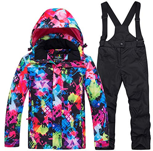 YFPICO Kinder Mädchen Jungen Skianzug Zweiteilig Verdickte Skijacke + Skihose Funktionsanzug Schneeanzug Regenjacke Schneehose Wasserdicht, Mehrfarbig Skijacke + Schwarz Skihose, 122-128