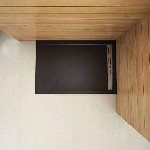 Piatto Doccia Rettangolare 120x70cm in Pietra Vulcanica e Resina Mista Finitura Pietra Nera Ruvida Ultraslim 3 cm