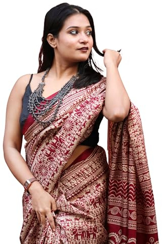EthnicJunction Women's Art Silk Cotton Kalamkari Print Saree With Blouse Piece, Maroon, 5.5 Meters