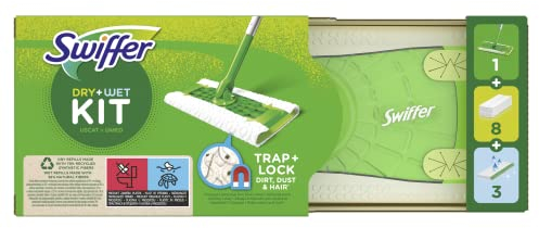 Swiffer Kit di avviamento con mocio + 8 panni asciutti per la raccolta della polvere + 3 salviette umide per pavimenti