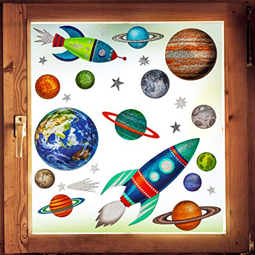alles-meine.de GmbH Fensterbilder Motivwahl 26 TLG. Set - Fensterbilder - Glitzer - Motivwahl - Rakete - Planeten & Weltall - statisch haftend - selbstklebend + wiederverwend..