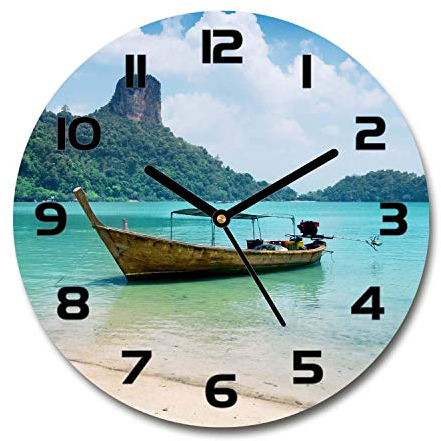 Tulup Glasuhr ⌀ 60cm - Schwarze Zeigern - Wanduhr Wandkunst Bild Gehärtetem Glas Uhr Echtglas Küche Wohnzimmer - Boot