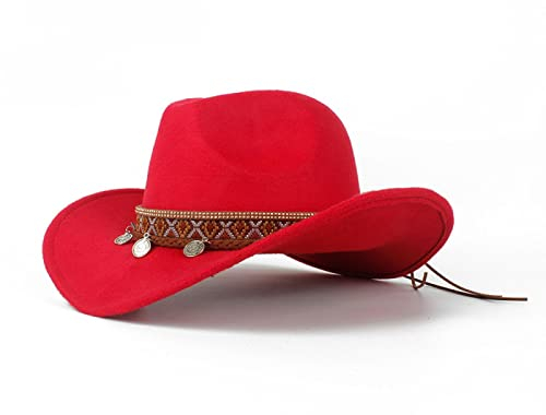 QBQZXAOSOWH Fedora Trilby Fedora-Hüte Für Damen, Herren, Breite Krempe, Feste Damenhüte, Bandgürtel, Klassische Formelle Kleidung, Khaki, Schwarze Hüte, 52-54 cm (Kinder), Rot