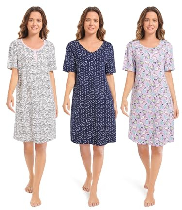 CONOMAX 3 Pack Nightgowns for Women Summer Short Sleeve Night Gowns