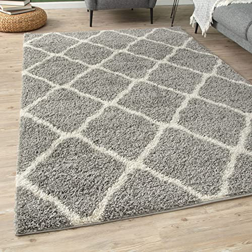 THE RUGS Shaggy Rug – Modern Moroccan Design Rugs for Living Room, Bedroom, Hallway, 3 cm Thick Area Rugs, (Moroccan Grey/Ivory, 120x170cm)