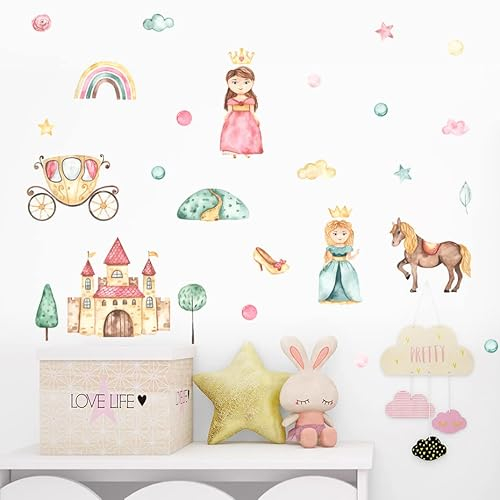 DOTUIARG Cartoon Prinzessinnen Kutsche Rosa Aquarell Vinyl Kinderzimmer Wandaufkleber Druck Kinder Mädchen Zimmer Interieur Home Decor
