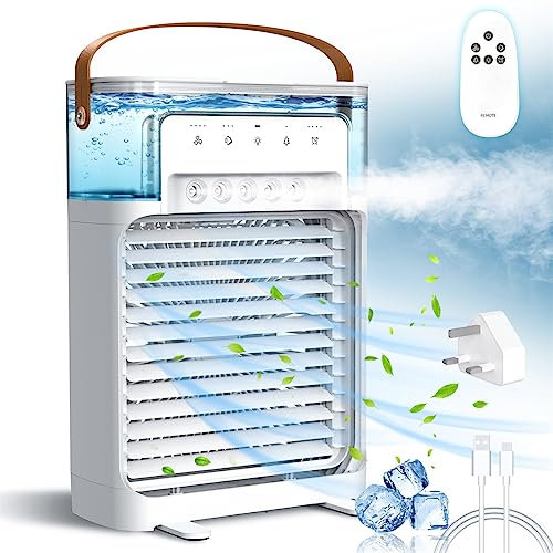 NTMY - Condizionatore d'aria portatile, 1200 ml, ultra silenzioso, mini ventola di raffreddamento con umidificatore per tutte le stagioni, 5 nebbia fredda e 4 velocità, 7 luci notturne e timer 2-8h,