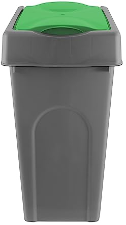 simpa 50L Grey Square Slanted Rubbish Recycling Bin with Green Lift Top Cowl Lid