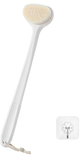 Back Scrubber for Shower with 17 Long Handle, Non-Slip Grip, Moderate Bristles Shower Brush for Gentle Exfoliation, Body Brush for Men & Women – White