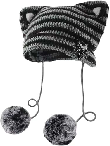 Y2k Beanie mit Katzenohren, Gyaru, Acubi-Teufel, Häkelmütze, niedlicher Kawaii-Stern, Grunge, ästhetische Pompons, Cutecore Y2k Harajuku Kleidung, Grau, Einheitsgröße