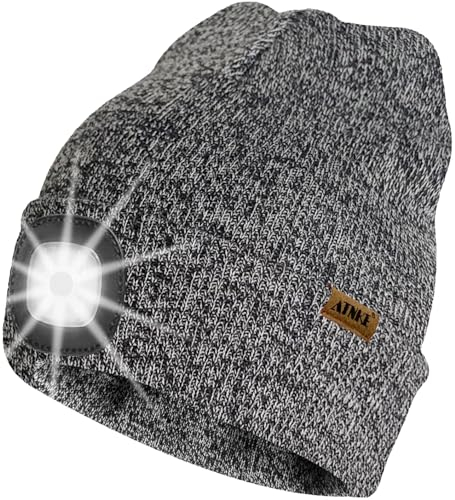 ATNKE LED Beleuchtete Mütze mit Licht,Wiederaufladbare USB 4 LED Beleuchtete Laufmütze Extrem Heller Lampe Winter Warme Stricken Mütze Technik Geschenke für Herren und Damen/Blended Black White