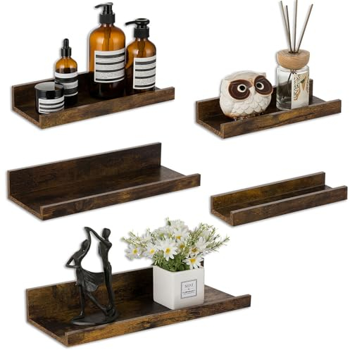 Walasis Wandregal Vintage Regale für wände: 5er Set Klein Schweberagel Regal Wand Holz Bilderleiste Eckregal Regalbrett für Wohnzimmer Schlafzimmer Badezimmer Küche Braun