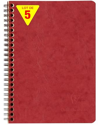Clairefontaine 785662Cpack - Packung 5 Spiralbuch - Notizheft Age Bag mit Innentaschen DIN A5 14,8x21 cm, liniert, 60 Blatt, Rot, 5 Stück