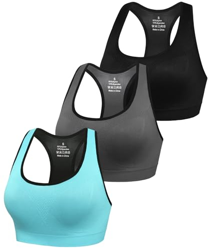 Sykooria Damen Sport BH Gepolstert Bustier Damen BH ohne Buegel Racerback Push up BH mit Farbverlauf Sport Top für Yoga Fitness, 317-Schwarz+Grau+Blau, M