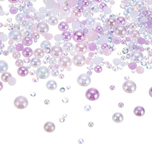 PATIKIL 30g Pearls and Rhinestones, 3-10mm Mix Flatback Rhinestones and Half Pearls Resin Rhinestone for Shoe Hair Nail Crafts Tumbler, Pink Purple White