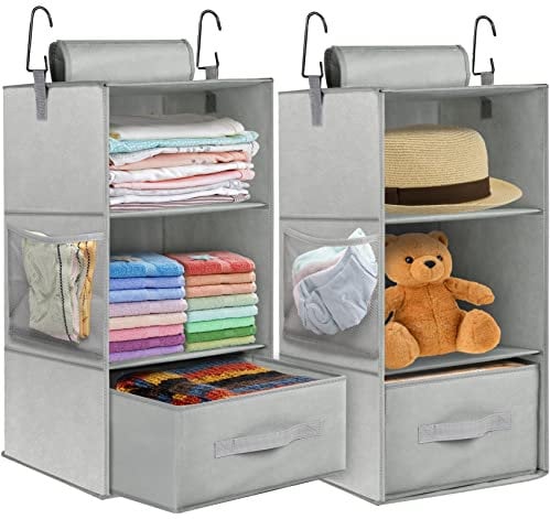 Hanging Storage with 3 Shelves Closet Organiser, 2 Pack Over Door Storage with Hanging Pocket, Foldable Clothes Storage for Wardrobe, Metal Hooks, 2 Removable Hanging Shelves ,For Caravan,Bedroom