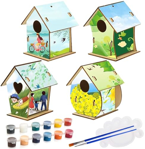 Sunshine smile 4 Stück Vogelhaus Basteln,Vogelhaus Bausatz für Kinder,Bastelset Kinder 4 Jahre,Kreative Bastelsets, Holz Puzzle Machen Set,Vogelkasten Basteln Geschenke für Mädchen Jungen Kleinkinder