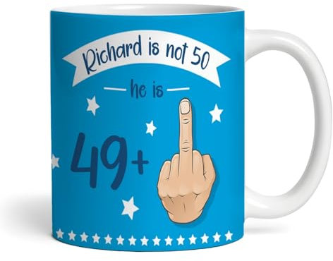 The Card Zoo Funny 50th Birthday Gift Middle Finger 49+1 Joke Blue Photo Personalised Mug - Gift for Birthday, Custom Personalised Gift, Coffee Mug, Tea Mug, Cup