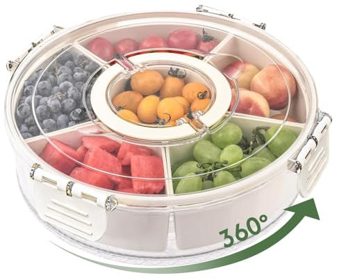 Jemey Snackbox mit 6 Fächern, Drehbare Snackschale mit Deckel und Griff, Snacktablett Organizer Geeignet zur Picknicks und Familientreffen, Herausnehmbare Snack Spinner für Süßigkeiten, Obst, Nüsse