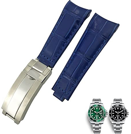 ILAZI 20 mm gebogenes Ende, Lederarmband, passend für Rolex 116610 Submariner Oyster GMT Daytona Slide Lock Buckle Rindslederarmbänder(Light blue,20mm-Rose Buckle)