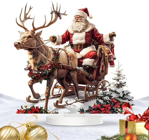 Renchey Hirschschlitten-Weihnachtsmann-Statue, Rentierschlitten-Weihnachtsmann-Sammelminiatur | 2D-Acryl-Weihnachtsmann auf Schlitten mit Rentierdekorationen |